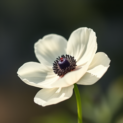 high-resolution watercolor painting of a single anemone flower with soft cream petals and a dark blue center, soft natural lighting, 50mm lens, f/2.8 aperture, shallow depth of field, shot from a slightly elevated angle, digital camera