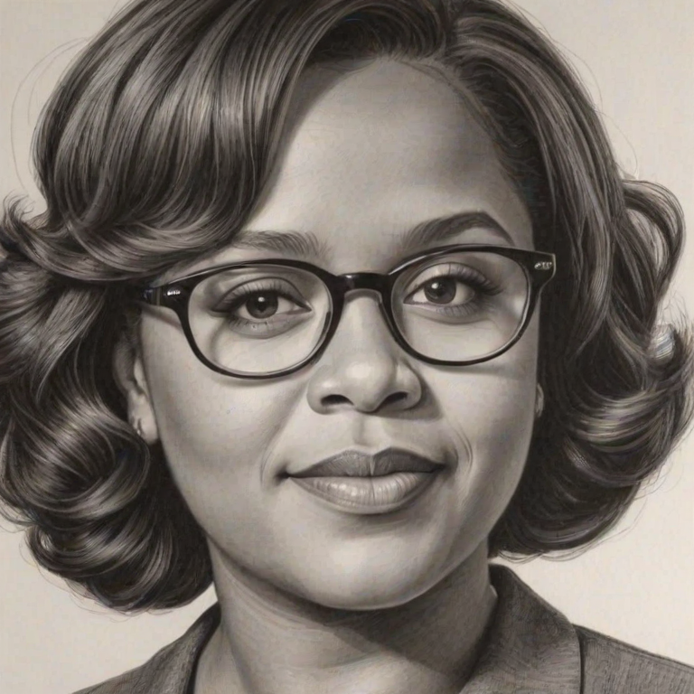 Attractive Chandra Wilson, pencil sketch, portrait of Delightful woman 1952s in glasses, hair style beatnik, outline, clear lines, fine lines, 8k