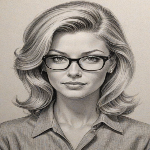 Magnificent Ainsley Earhardt, pencil sketch, portrait of Sublime woman 1952s in glasses, hair style beatnik, outline, clear lines, fine lines, 8k