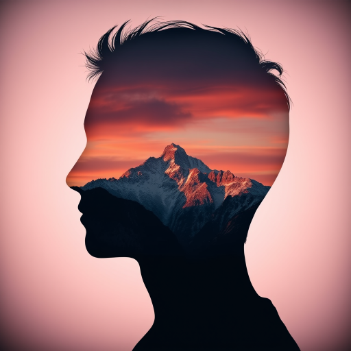 Create a high-quality silhouette portrait of a human head with a mountain landscape inside, using a Canon EOS R5, 50mm lens, f/1.8 aperture, ISO 100, soft focus background, and vibrant colors to enhance the contrast between the figure and the scenery.