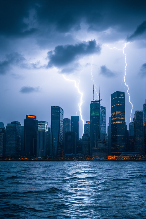 Generate a high-resolution image of a stormy cityscape at night with dramatic lightning illuminating the skyline, using a DSLR camera with a 24mm lens, aperture f/2.8, ISO 100, and a long exposure of 15 seconds, capturing a dynamic view from a low angle to emphasize the dramatic lighting and the reflection on the water.