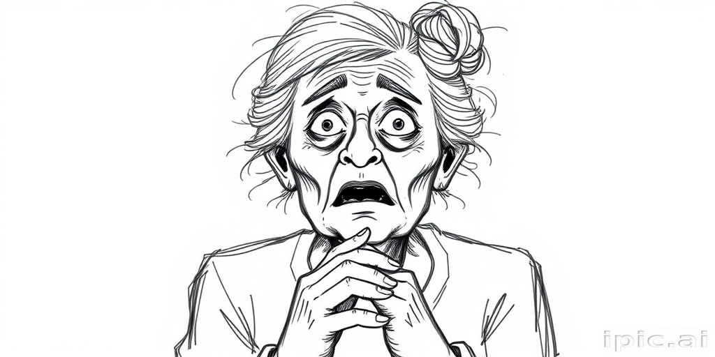 scribbly unfinished sketch, old lady with messy gray hair in a loose bun, surprised expression, mouth open, hands clasped together in front of her chest. Her eyes are wide, eyebrows are furrowed. vibe of shock or surprise.