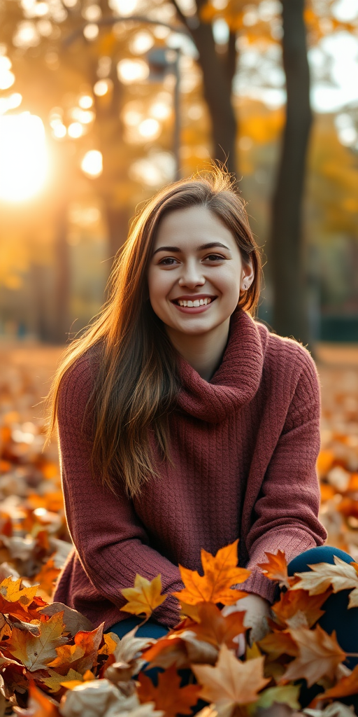 portrait of a young woman sitting among autumn leaves in a park, warm sunlight filtering through trees, smiling and joyful expression, aperture f/1.8, ISO 100, shutter speed 1/250s, 50mm lens, shallow depth of field, soft bokeh background, natural colors, HDR photography