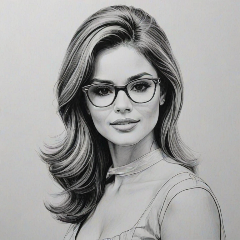 Comely Cheryl Cole, pencil sketch, portrait of Ravishing woman 1961s in glasses, hair style beatnik, outline, clear lines, fine lines, 8k
