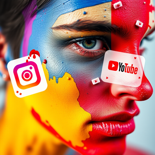 Create a vibrant digital collage featuring a colorful abstract face partially covered with paint, integrating social media icons like Instagram and YouTube, shot with a DSLR camera at f/2.8, ISO 100, a 50mm lens, in portrait orientation, with a shallow depth of field to emphasize the details of the face and the vivid colors.