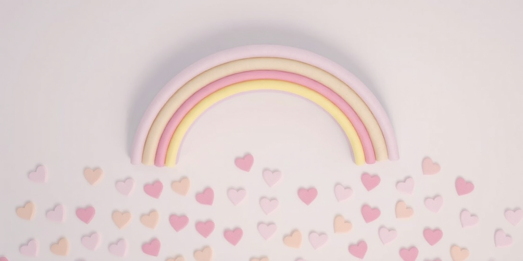 Create a minimalist illustration of a rainbow with soft pastel colors arching over scattered heart shapes in varying pastel tones, soft focus, f/2.8 aperture, 50mm lens, overhead view, digital art style.