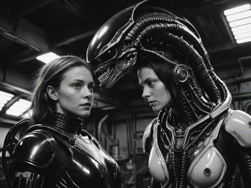 analog film photo dutch angle, close shot,  1girl and 1xenomorph,  spacesuit, industrial background, sci-fi, serious expression, detailed, high contrast, looking at viewer, realistic, futuristic, spaceship interior, intricate machinery, standing pose, resilient, black and white, dramatic lighting, horror, suspense, alien creature, looming, tense atmosphere