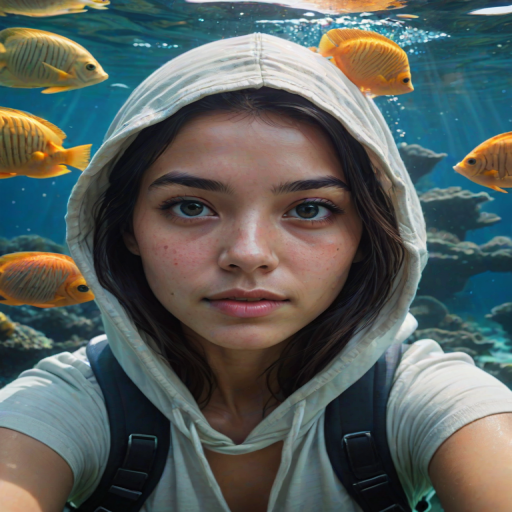Realistic selfie image of a Singaporean, wearing a vintage outfit, detailed dreamy eyes, droopy hooded eyes, staring at the camera, taken underwater at coral reef with a sunbeam filtering through the water, vibrant, summer vacation, natural lighting, turtle and school of tropical fish with vibrant colors, rendered in the style of CryEngine, Pegi Nicol MacLeod, with realistic genre scenes, hauntingly beautiful narratives, ultra-realism, and Thomas Saliot's close-up technique, 8K resolution, crystal clear and sparkling water.
