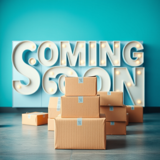 Create a vibrant, high-resolution graphic featuring a stack of cardboard boxes in front of a large, bold sign that says "Coming Soon," shot with a DSLR camera at f/5.6, ISO 100, 50mm lens, centered composition, with an overexposed background for enhanced clarity.