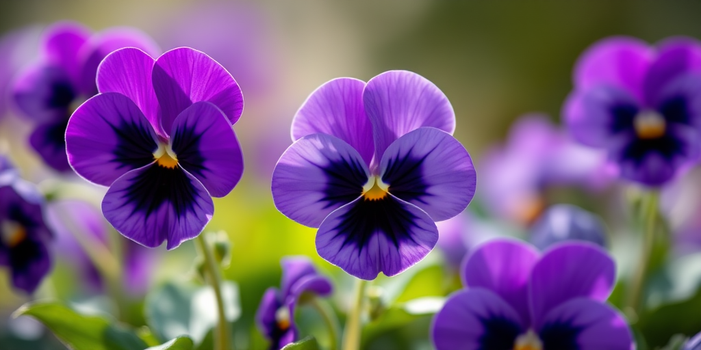 photograph a close-up of purple pansy flowers with a soft focus background, use a 50mm lens, aperture f/1.8, ISO 200, natural light, Canon DSLR, macro photography style