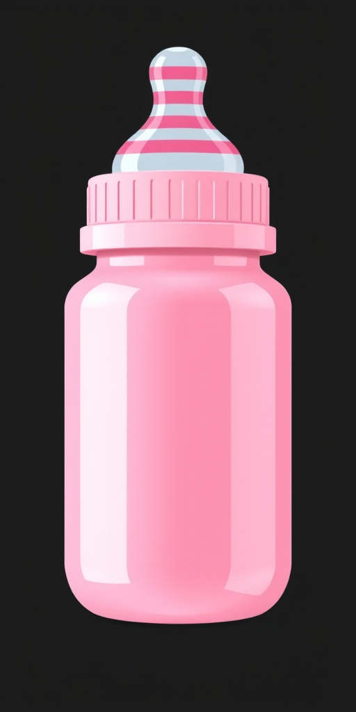 Create a high-resolution illustration of a pink baby bottle with a striped cap, taken with a DSLR camera at f/2.8 aperture, 50mm lens, and a shallow depth of field to emphasize the bottle against a solid black background.