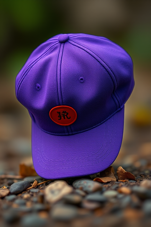 Create an illustration of a purple cap with a red patch, using a DSLR camera with a 50mm lens at f/2.8, ISO 100, and a shallow depth of field to enhance details against a blurred background.