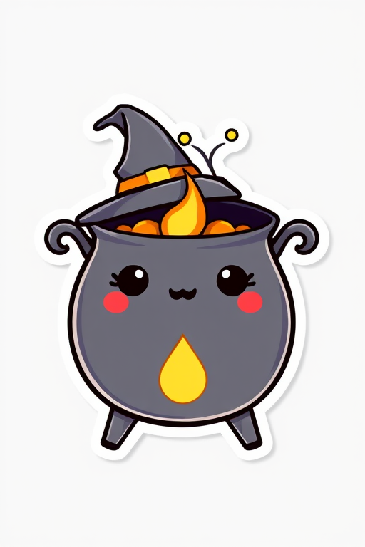 design a kawaii Cheeky cauldron sticker, 3d digital art, grey background, sticker line weight