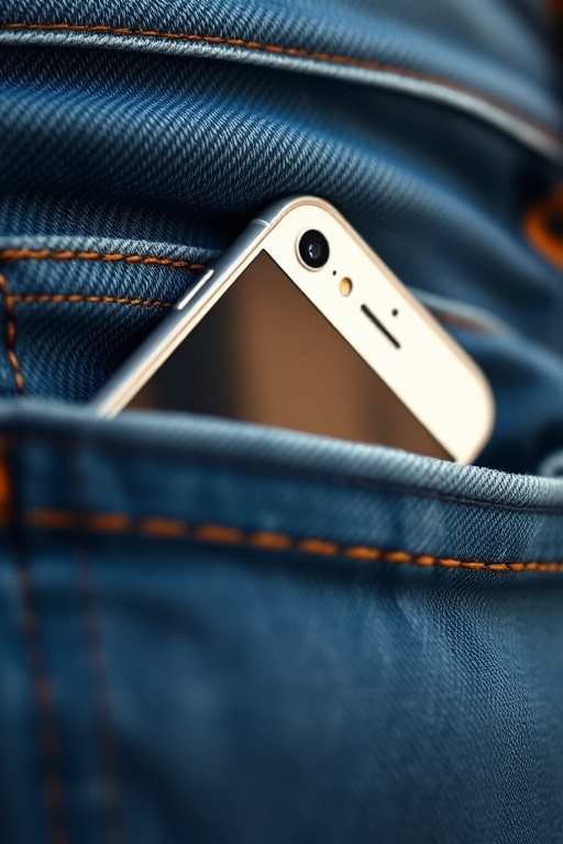 close-up photograph of a smartphone in a denim pocket, macro view, f/2.8 aperture, 1/60 shutter speed, ISO 100, natural lighting, DSLR camera