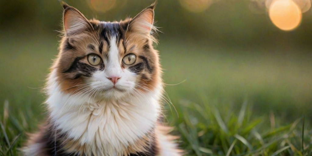 A fluffy calico cat sitting in a grassy area with a blurred background and soft lighting.