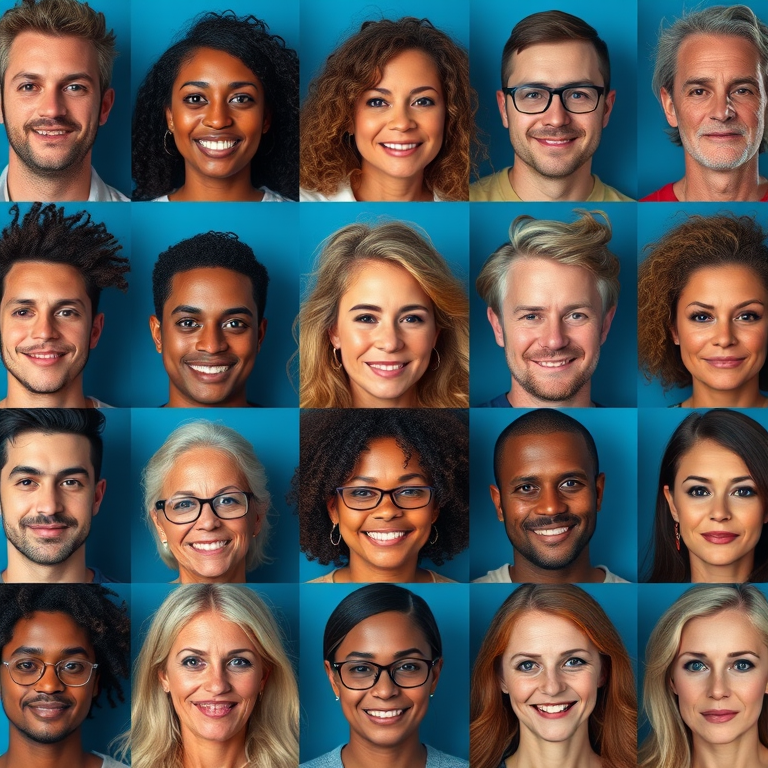 Create an image of a diverse group of people in a grid format on a blue background, capturing their faces in medium shot with a portrait lens at f/2.8, ISO 200, and a 50mm camera to enhance depth of field and clarity, ensuring a soft bokeh effect that highlights the subjects.