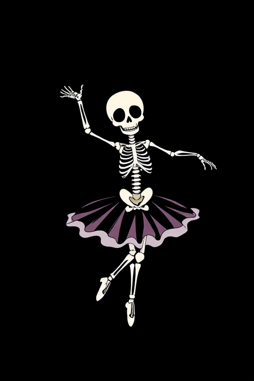 generate a kawaii Skeleton ballerina sticker, 3d digital art, black background, sticker line weight