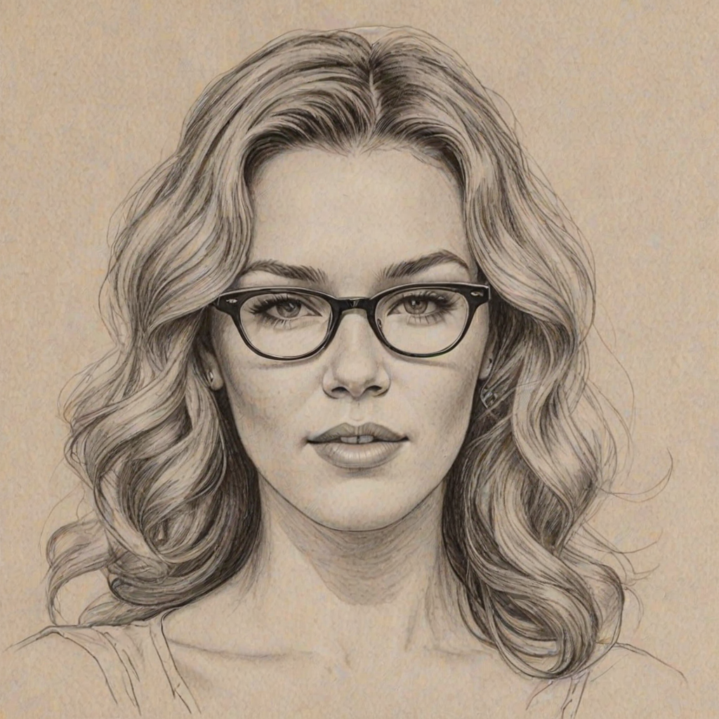 Dazzling Joss Stone, pencil sketch, portrait of Beauteous woman 1953s in glasses, hair style beatnik, outline, clear lines, fine lines, 8k