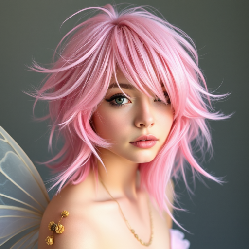 Ethereal pastel pink-haired fairy with a whimsical, layered shag cut, featuring wispy bangs and soft, face-framing tendrils
