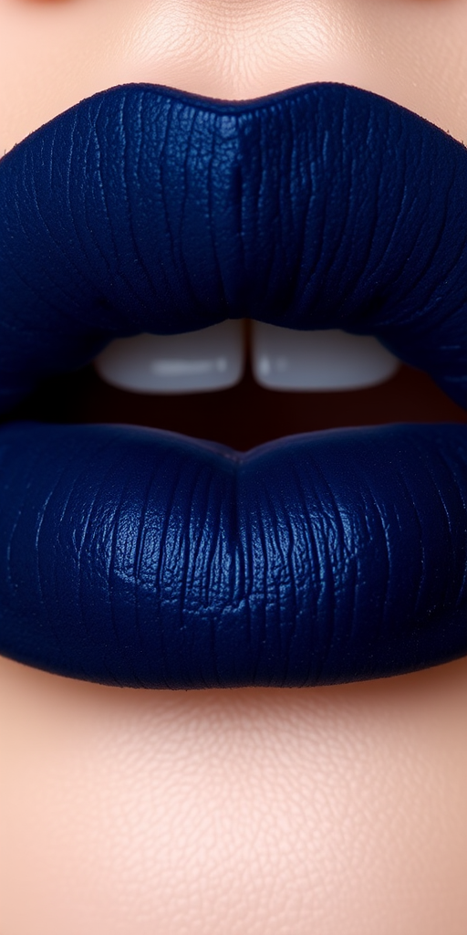 Deep navy blue lips with a suede-like texture, "Midnight Velour" offers a bold and sophisticated look with a soft, touchable finish