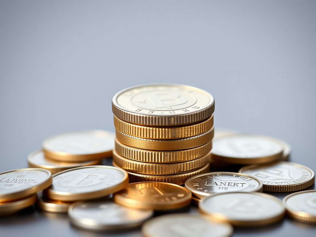 Create a high-resolution image of a stack of coins, using a 50mm lens, f/1.8 aperture, ISO 100, center composition, shot with a digital SLR camera, in bright lighting to enhance details and contrasts.
