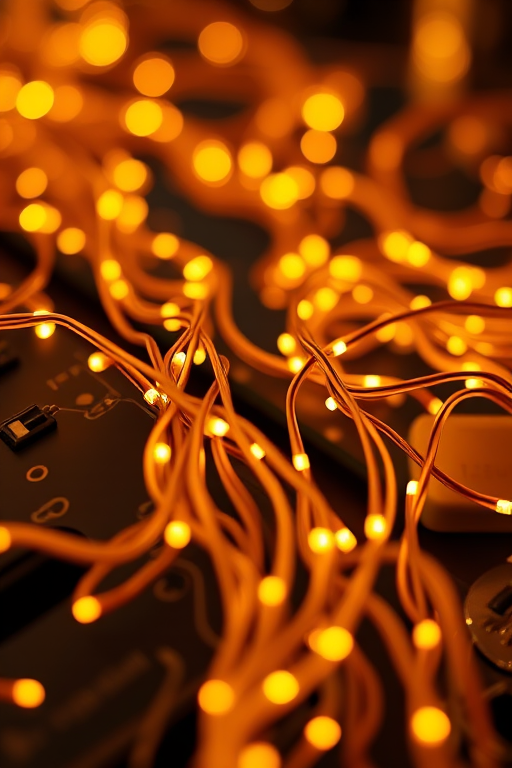 Generate a high-resolution close-up image of intricate glowing circuit wires with a dark, reflective background, using a Canon EOS R5 with a 50mm lens, aperture f/1.8, ISO 100, and a soft-focus bokeh effect to enhance the depth and detail.