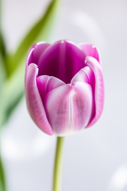 Create a high-resolution image of a purple and white tulip on a transparent background, using a DSLR camera with a 50mm lens, aperture set to f/2.8, ISO 100, in natural light, with a shallow depth of field for a soft background blur.