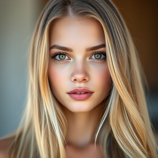 Create a portrait of a young woman with long blonde hair and brown eyes, soft natural lighting, shallow depth of field, aperture f/1.8, 50mm lens, using a DSLR camera, focus on her face with a blurred background.