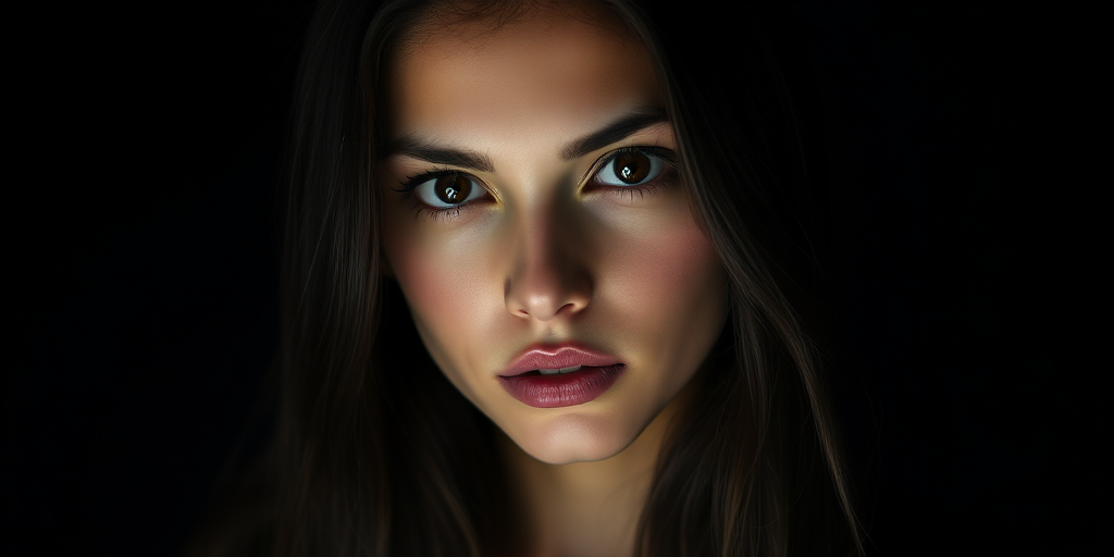 portrait of a young woman with long dark hair and piercing eyes, dramatic lighting with a dark background, taken with a Canon EOS R5, 85mm lens, aperture f/1.4, ISO 100, portrait style, high contrast