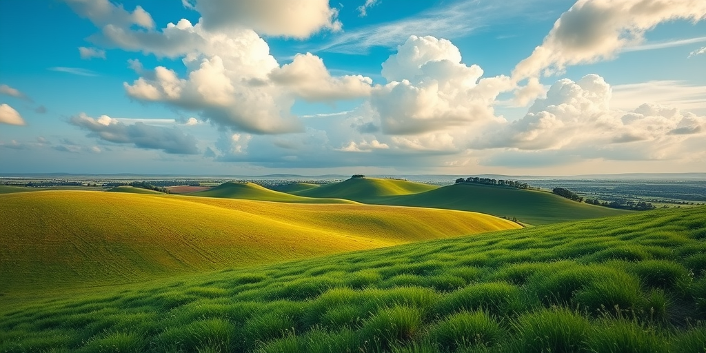 Create a high-resolution image of a serene landscape featuring rolling hills, bright green grass, and a blue sky with fluffy clouds, captured using a DSLR camera with a 50mm lens, aperture f/1.8, ISO 100, at sunrise, with a wide-angle perspective.