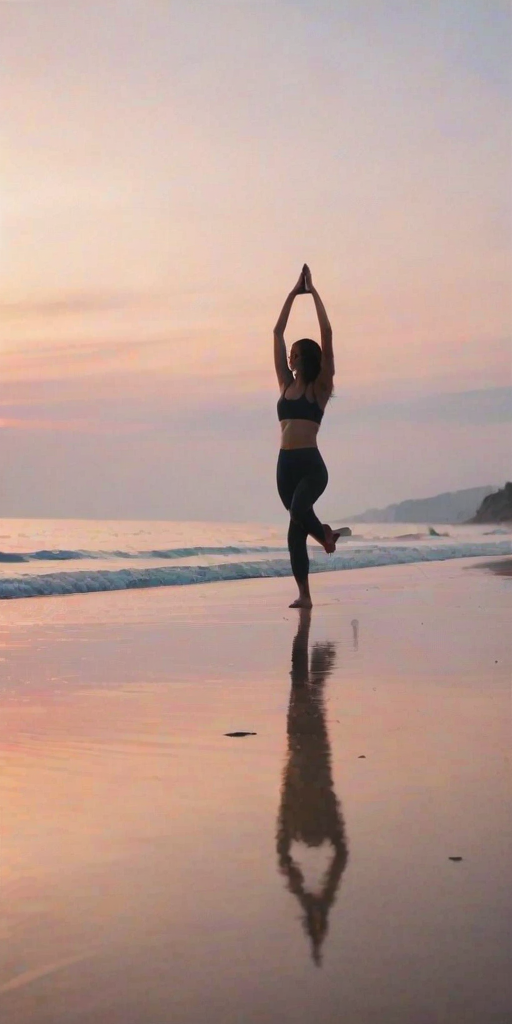 Soft-focus image of a woman practicing yoga on a sandy beach at sunrise, her silhouette framed against the soft pastel colors of the sky, gentle waves lapping at the shore.
