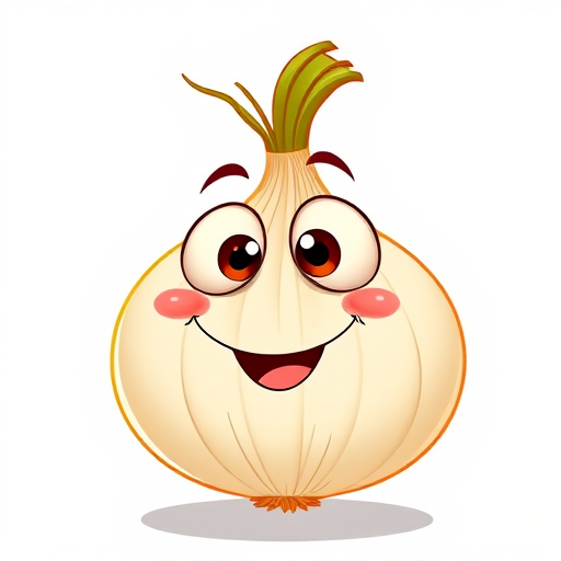 Create a vibrant cartoon illustration of a friendly onion character with large expressive eyes and a big smile, featuring a detailed texture on the onion's surface, set against a plain white background, captured with a DSLR camera at f/5.6 aperture, 50mm lens, ISO 200, and soft natural lighting for enhanced clarity.