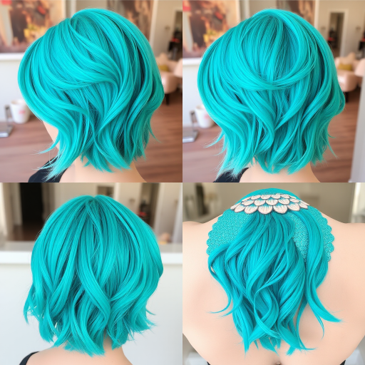 Playful turquoise bob cut called "Mermaid's Mischief" boasts choppy layers and beachy waves, accented with shimmering scales painted onto the undercut design