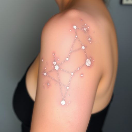 Ethereal white ink tattoo called "Celestial Whispers" showcasing a delicate constellation map of stars and planets connected by gossamer-thin lines barely visible against the skin creating a subtle shimmer effect that becomes more prominent in certain lighting conditions incorporating microscopic details of cosmic phenomena such as nebulae and galaxies rendered in varying opacities of white ink to create depth and dimension