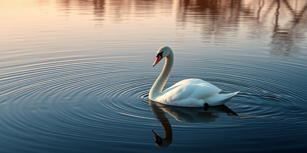 Capture a serene image of a swan swimming gracefully on still water at dawn, using a DSLR camera with a 50mm lens, aperture set to f/2.8 for a shallow depth of field, ISO 100 for low noise, and a shutter speed of 1/200s to freeze motion, ensuring a calm reflection is visible in the water.