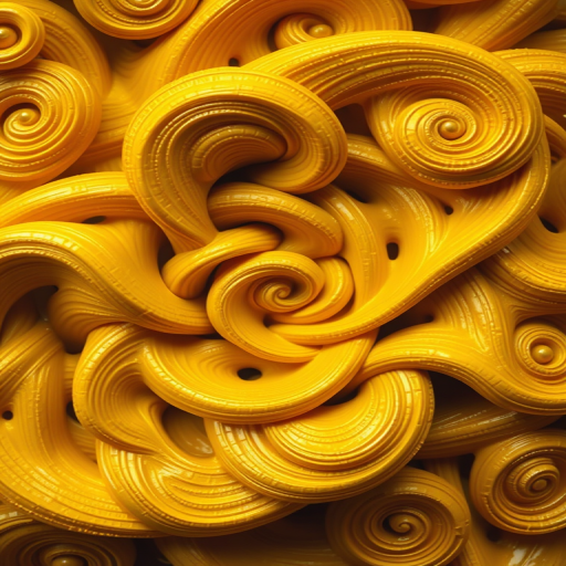 Create an abstract pattern with vibrant yellow and gold spirals, captured with a Canon EOS R5, 50mm lens, f/1.8 aperture, ISO 100, 1/200 sec exposure, top-down view, soft focus style for enhanced texture and detail.