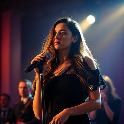 A young woman with long, flowing brown hair is standing in the center of the frame, holding a microphone in her right hand, and looking slightly off to the right side of the frame. She is wearing a black, off-the-shoulder dress with delicate lace detailing. The lighting is warm and dramatic, creating a spotlight effect on the singer. There are other figures in the background, blurred and out of focus, suggesting a concert or performance setting. The camera angle is low, capturing the woman from the waist up. The overall atmosphere is intimate and captivating.