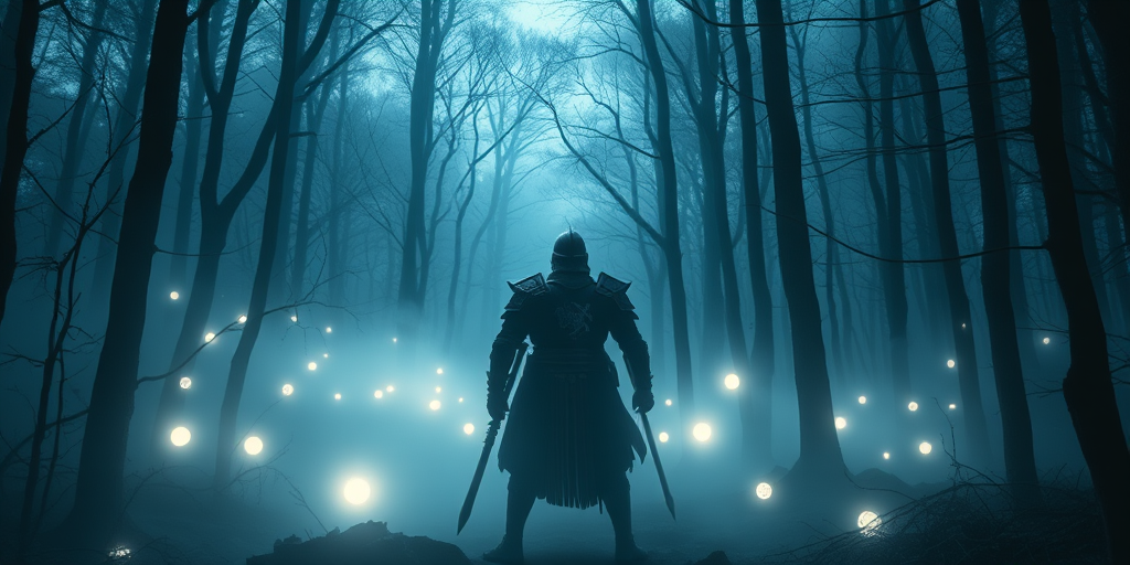 A mysterious forest scene with a lone warrior in traditional armor standing in the mist illuminated by glowing orbs, shot with a Canon EOS R5, 24mm lens, f/2.8 aperture, ISO 100, long exposure for ethereal light effects, capturing a dramatic atmosphere with soft bokeh in the background.