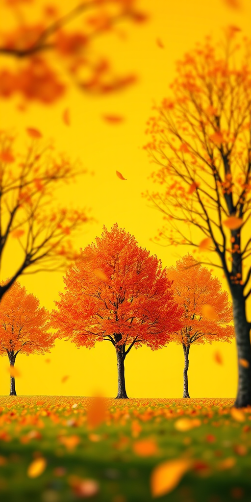Create a vibrant autumn landscape with four stylized orange trees against a bright yellow background, capturing falling leaves, using a DSLR camera with a 50mm lens, aperture set at f/4, ISO 200, and a slight bokeh effect for depth.