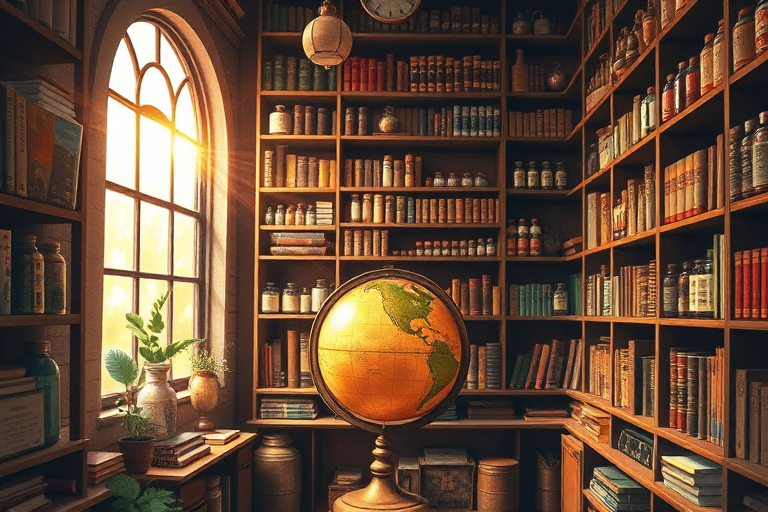 Create an illustration of a vintage apothecary filled with shelves of jars and books, featuring a large antique globe at the center, with warm, inviting lighting spilling through a large window, captured in soft focus with a Canon EOS 5D Mark IV at f/1.8, ISO 100, 50mm lens, natural light, watercolor style.