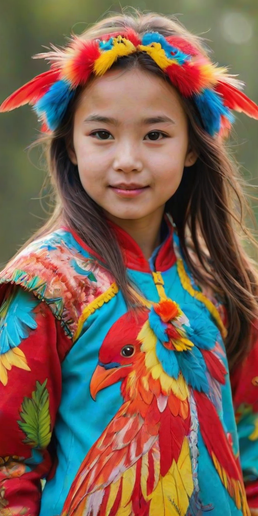 A beautiful Eurasian girl, wearing colorful bird clothing with vibrant colors