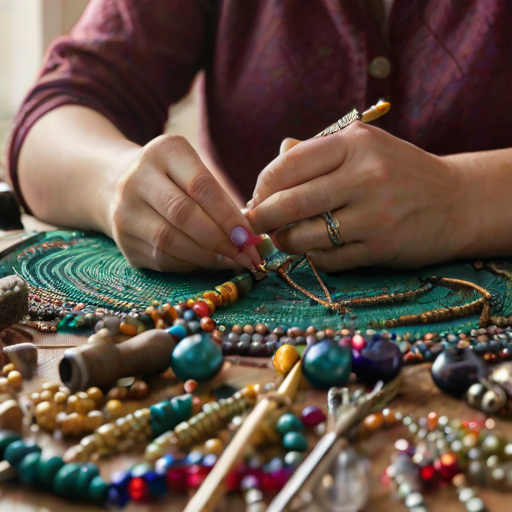 Close-up of a woman’s hands crafting jewelry, surrounded by colorful beads and tools, soft light highlighting her focused expression and the intricate details of her work.