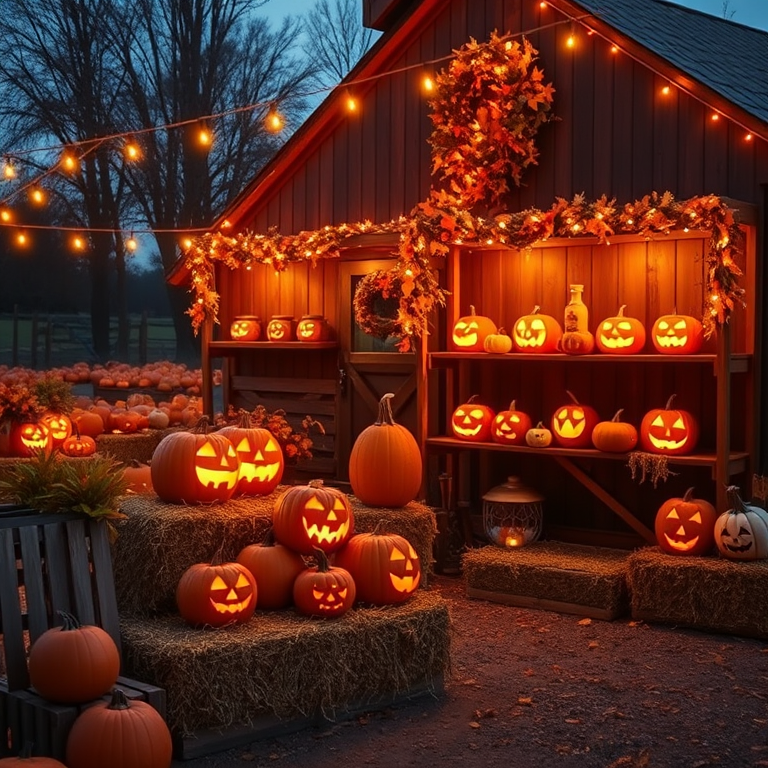 A cozy autumn scene featuring a pumpkin patch at dusk with glowing jack-o-lanterns arranged on hay bales and wooden shelves surrounded by warm string lights illuminating a rustic barn decorated with fall foliage. The atmosphere is festive and inviting, capturing the essence of Halloween celebrations.
