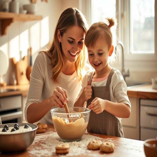 Warm, softly lit image of a mother and child baking cookies together in a cozy kitchen, flour dusting the countertops, the smell of vanilla filling the air, sunlight streaming through the window, the child's face lit up with joy as they mix the dough.