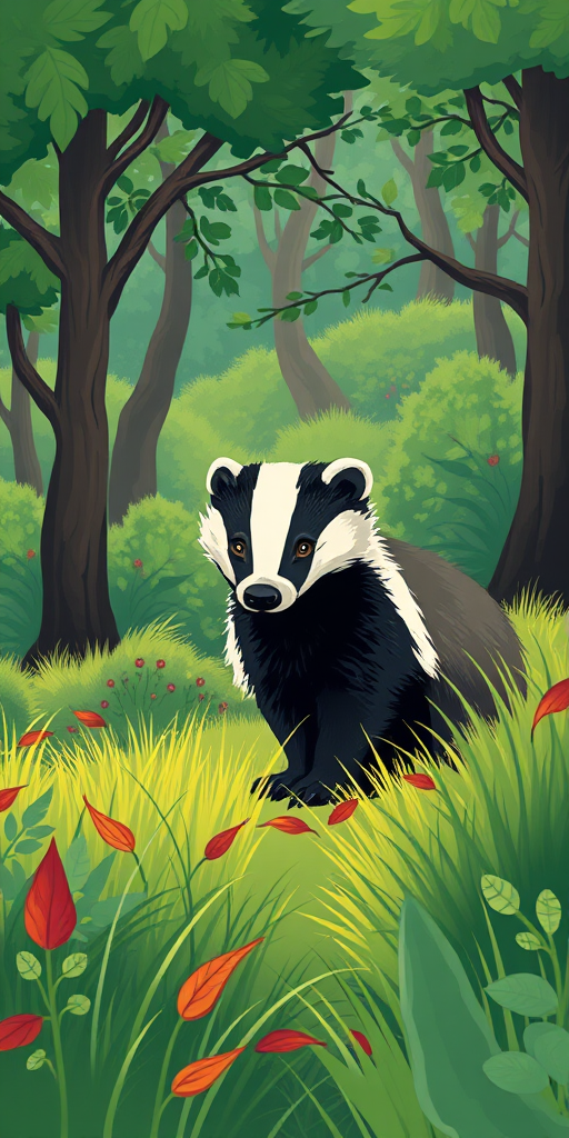 create a vibrant illustration of a badger in a lush green landscape with stylized trees and foliage, using a digital art style, with high saturation colors, captured as if taken with a DSLR camera at f/8 aperture, 1/250 sec shutter speed, ISO 100, and a shallow depth of field for enhanced image quality