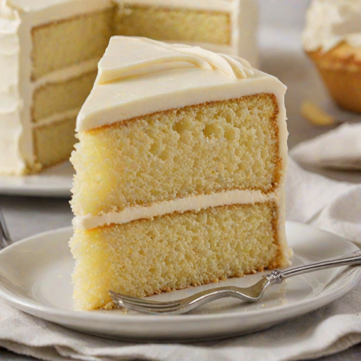 Generate an image of a moist yellow cake with a light creamy frosting on top. The slice should show a fluffy texture and small black specks within the cake, indicating the use of vanilla bean. The background should be softly blurred to focus on the cake slice.