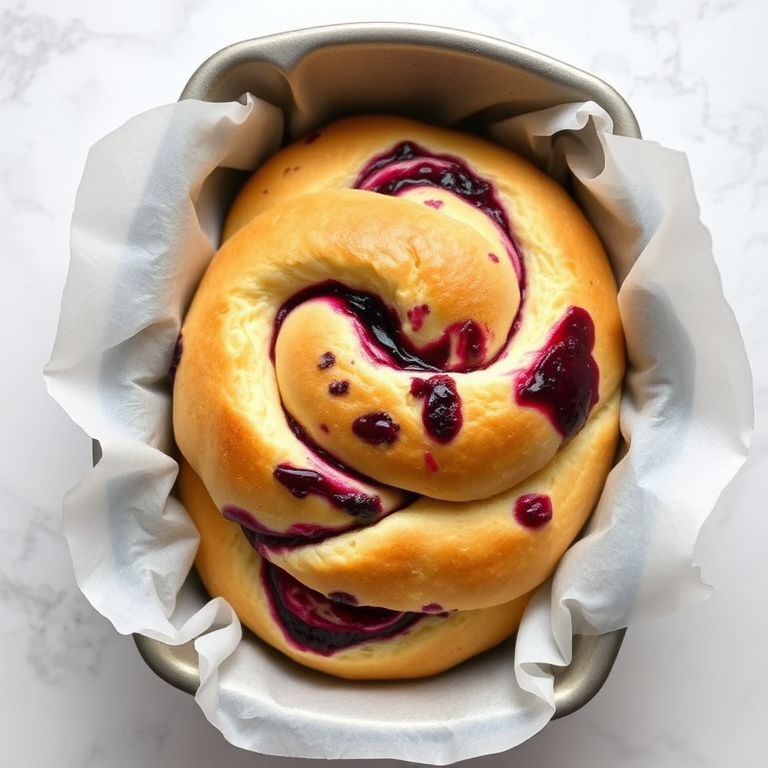 Create an image of a twisted bread loaf filled with berry jam in a baking pan lined with parchment paper. The bread should have a soft texture with visible swirls of purple jam throughout. The background should be a light marble surface to emphasize the bread.