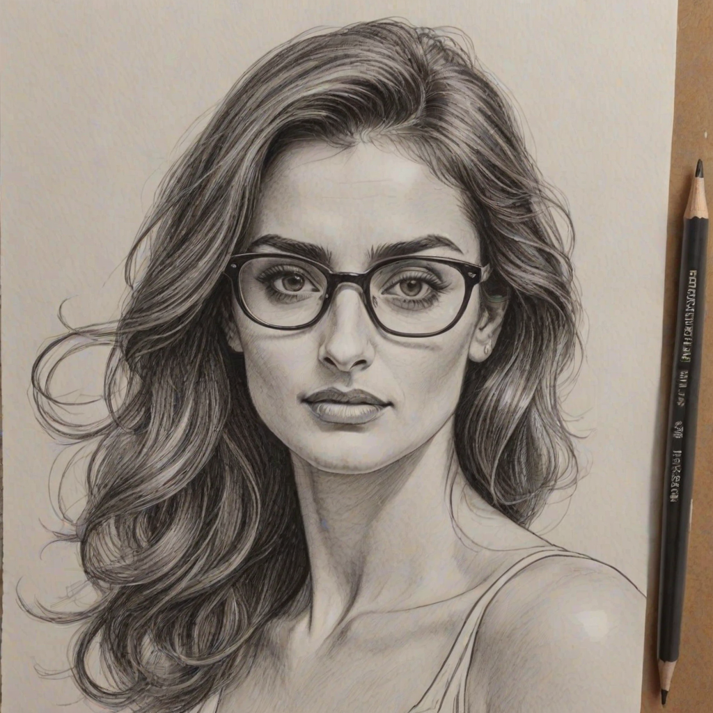 Resplendent Pen'lope Cruz, pencil sketch, portrait of Resplendent woman 1966s in glasses, hair style beatnik, outline, clear lines, fine lines, 8k