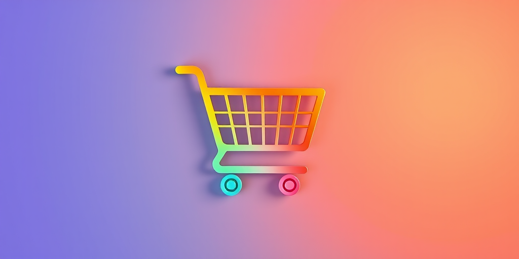 Create a vivid shopping cart icon with a colorful gradient, high contrast, 4K resolution, shot with a Canon EOS R5, aperture f/2.8, ISO 100, and a slight vignette effect, capturing a clean and modern aesthetic.