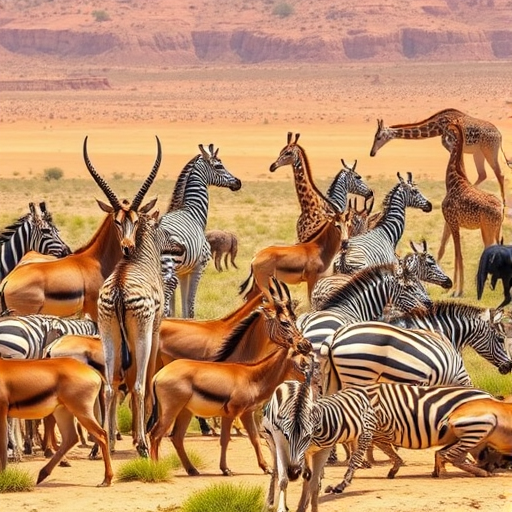 wildlife scene of a diverse animal herd with antelopes, zebras, and giraffes in a sunny desert environment, captured with a Canon EOS 5D Mark IV, 50mm lens, aperture f/4, ISO 200, shutter speed 1/500 sec, in vivid colors and high contrast.